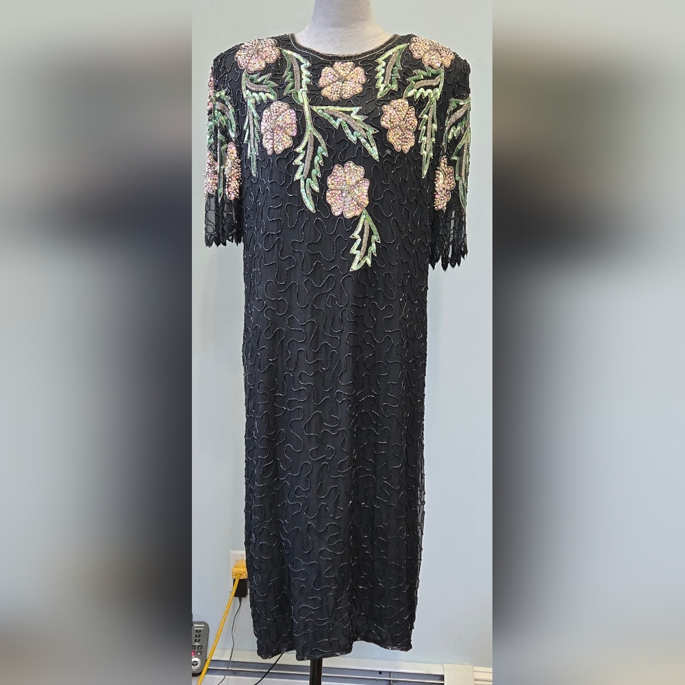 Laurence Kazar NY black beaded gown ¾ pink flowers green leaves Women sz 2X